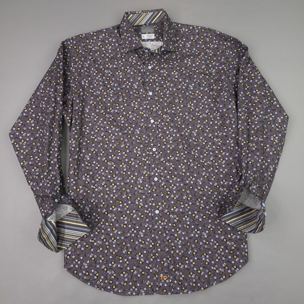 Thomas Dean Shirt Mens XL Gray Floral Long Sleeve Cotton Button Up Casual
